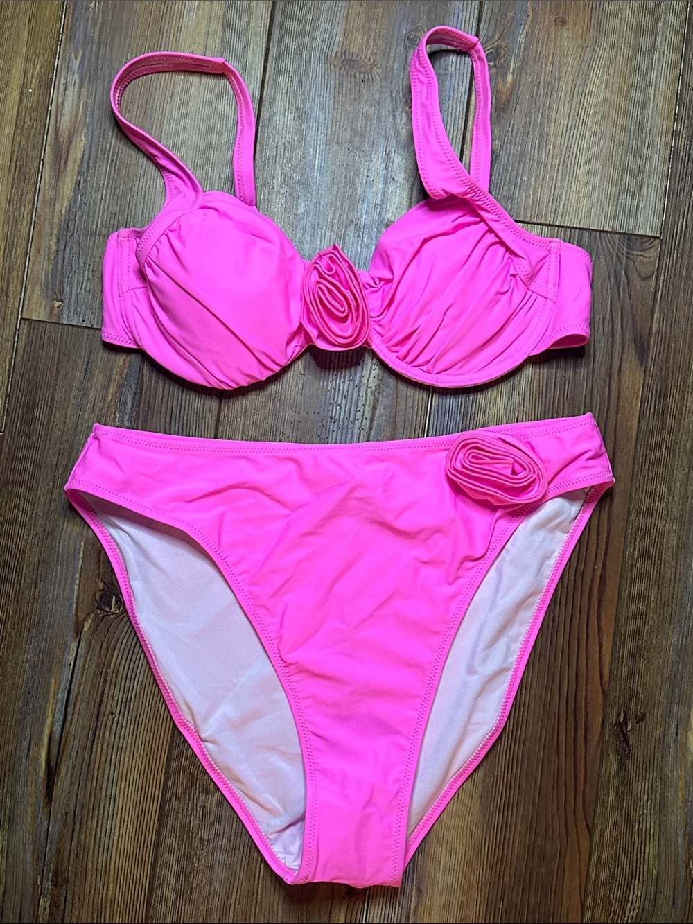 Popvil Women’s Hot Pink Bikini Set with Floral Accent Large
